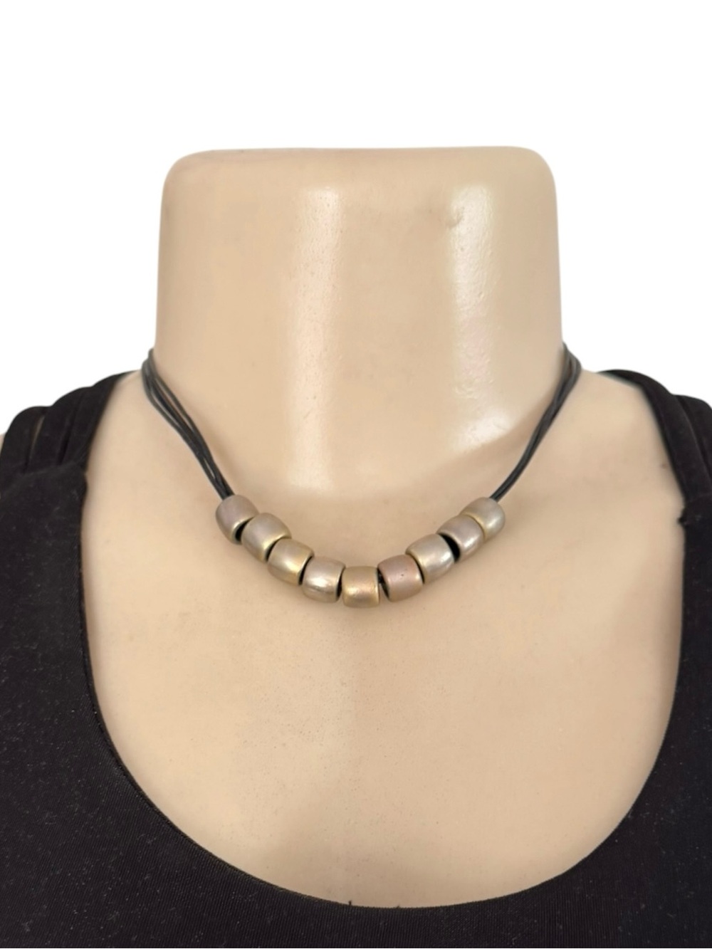 Y2K‎ 90s Chunky Silver Metallic Bead Choker Necklace Leather Multi-strand Cord